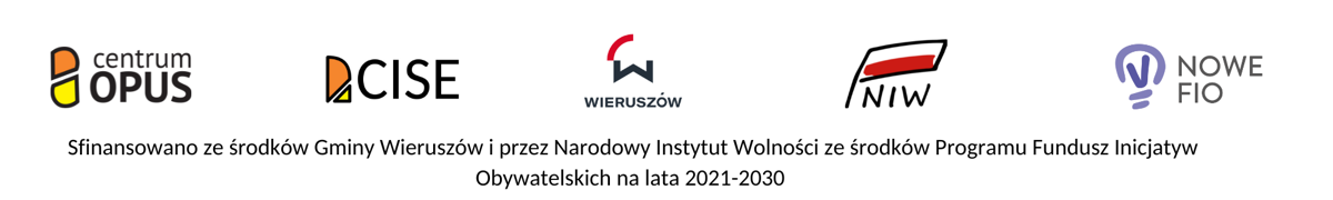 Logotypy: Centrum OPUS, CISE, Gmina Wieruszów, Narodowy Instytut Wolności, NOWEFIO