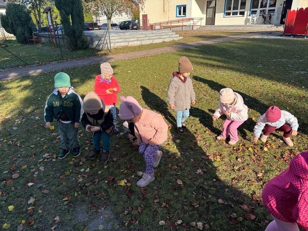Jesienne zbieranie liści przed przedszkolem w Cieszęcinie